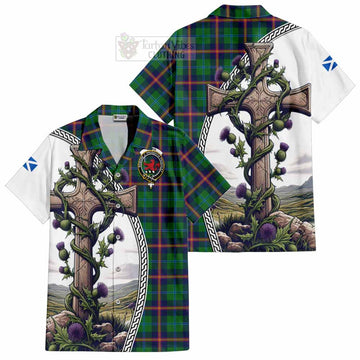 Tartan Vibes Clothing Young Tartan Short Sleeve Button Shirt with Family Crest and St. Andrew's Cross Accented by Thistle Vines