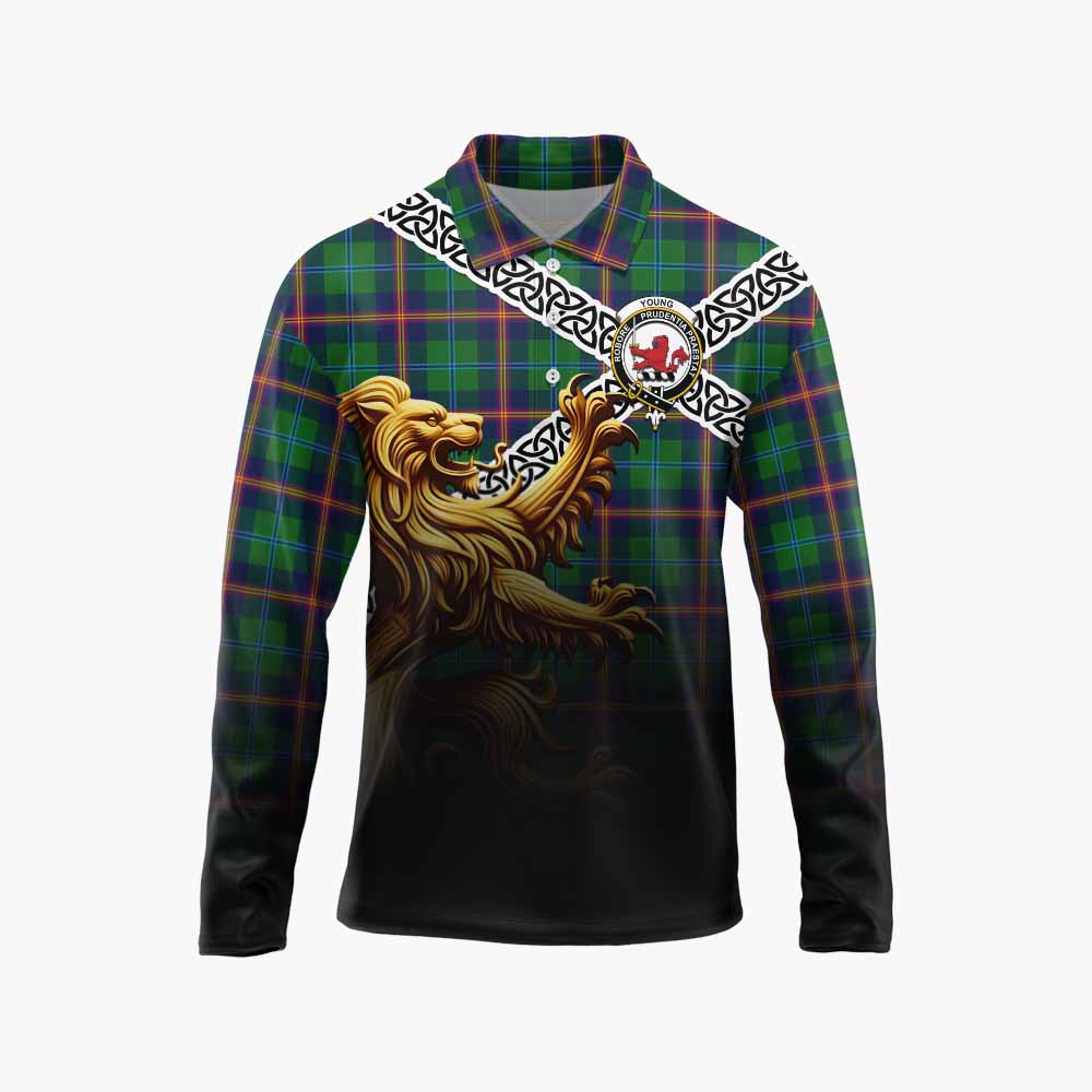 Tartan Vibes Clothing Young Crest Tartan Long Sleeve Polo Shirt with Golden Lion Emblem Celtic Style