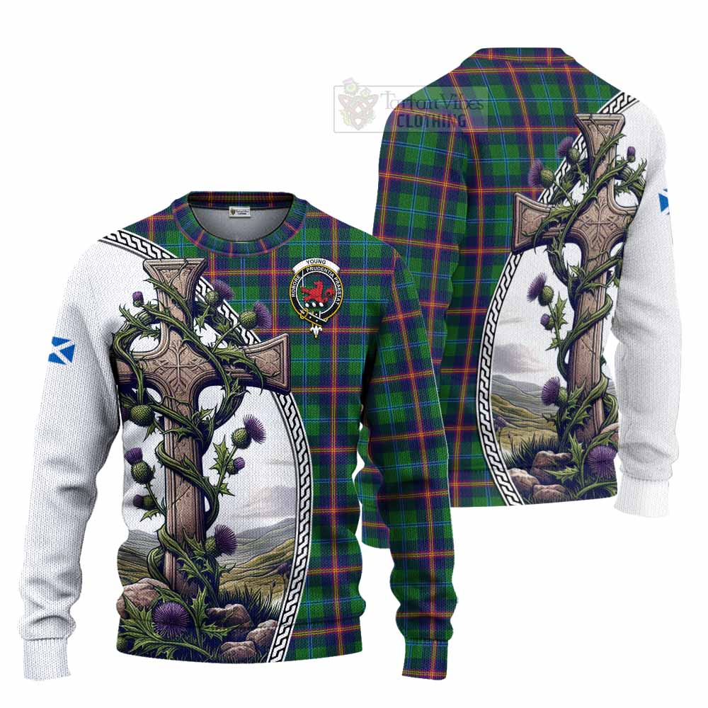 Tartan Vibes Clothing Young Tartan Knitted Sweater with Family Crest and St. Andrew's Cross Accented by Thistle Vines