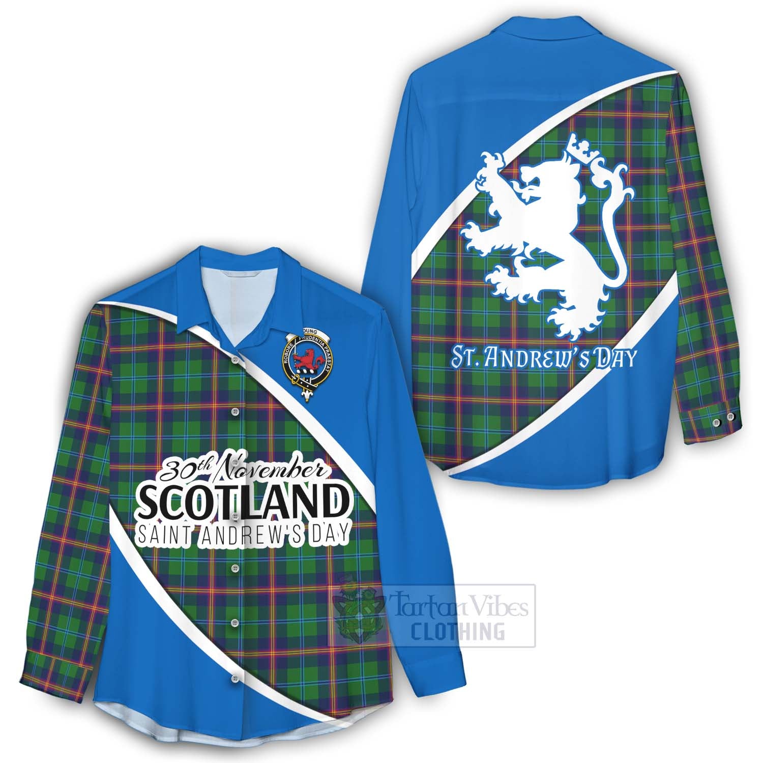 Tartan Vibes Clothing Young Family Crest Tartan Women's Casual Shirt Celebrate Saint Andrew's Day in Style