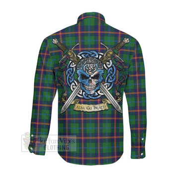 Young Tartan Long Sleeve Button Shirt with Family Crest Celtic Skull Style