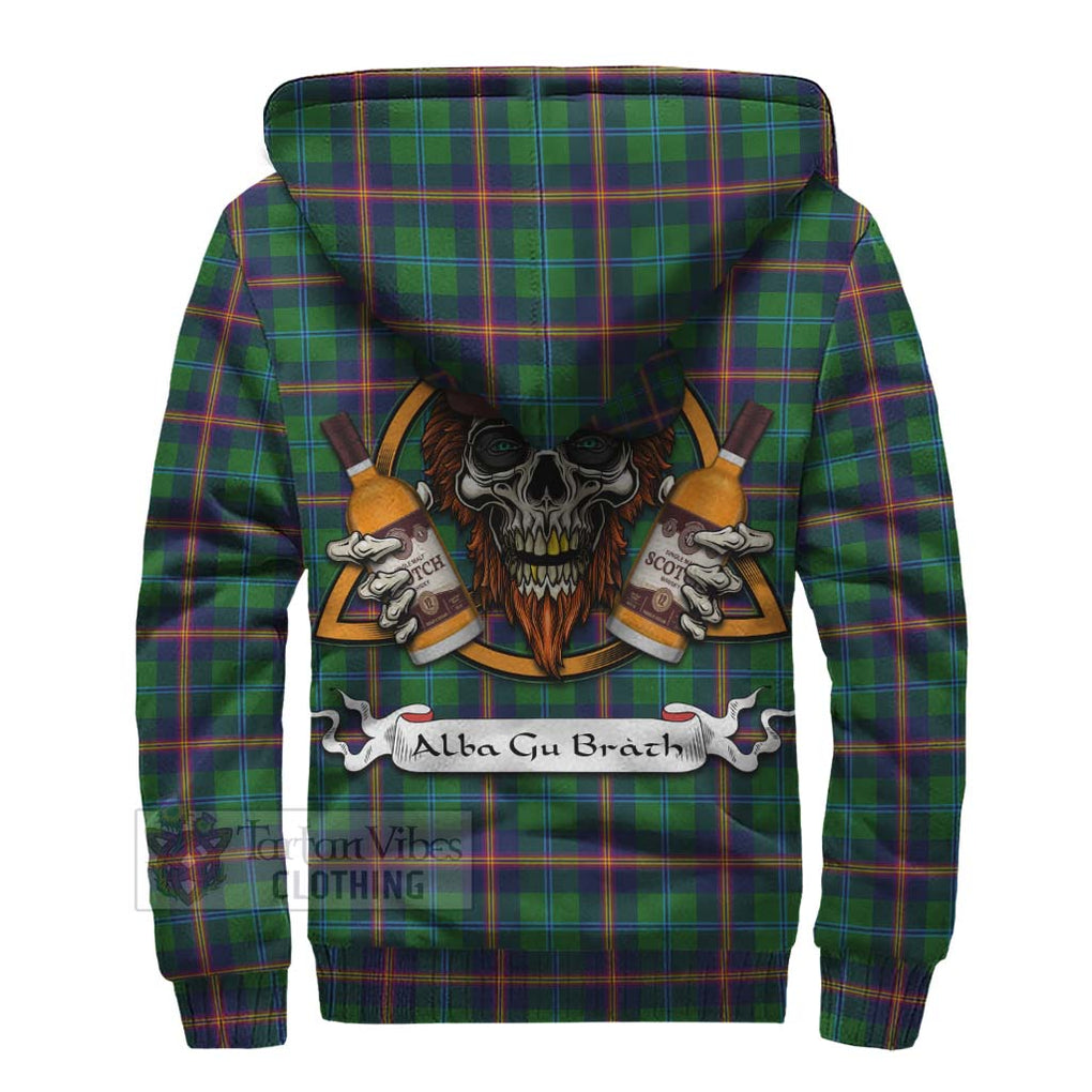 Tartan Vibes Clothing Young Tartan Sherpa Hoodie with Family Crest and Bearded Skull Holding Bottles of Whiskey
