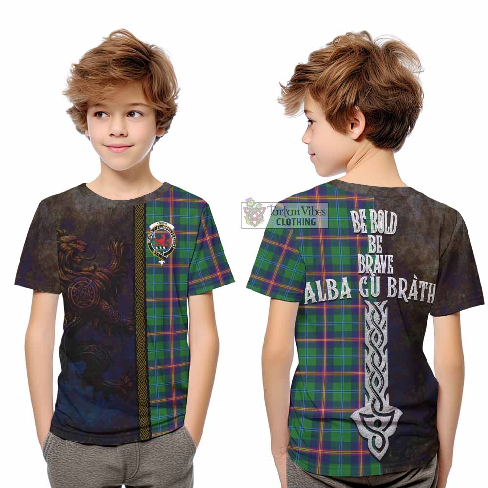 Tartan Vibes Clothing Young Tartan Family Crest Kid T-Shirt Alba Gu Brath Be Brave Lion Ancient Style
