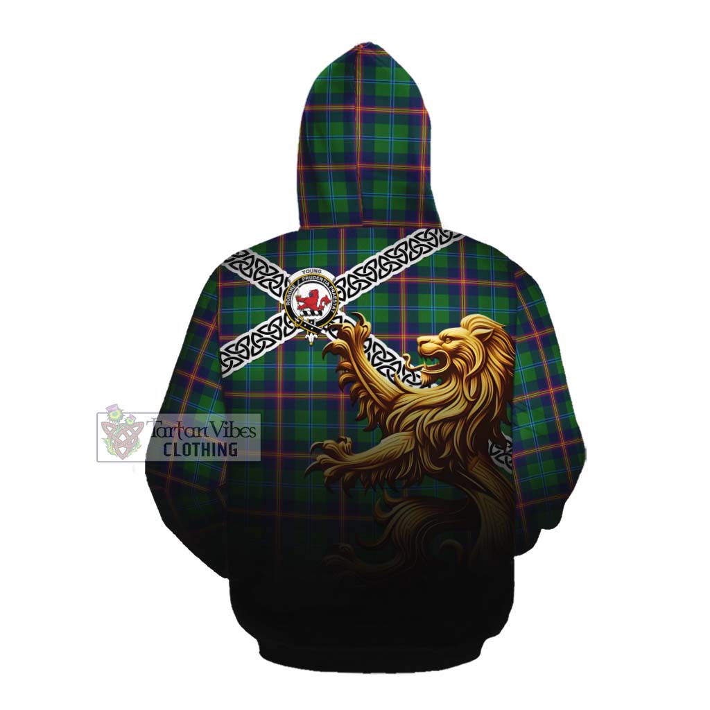 Tartan Vibes Clothing Young Crest Tartan Cotton Hoodie with Golden Lion Emblem Celtic Style