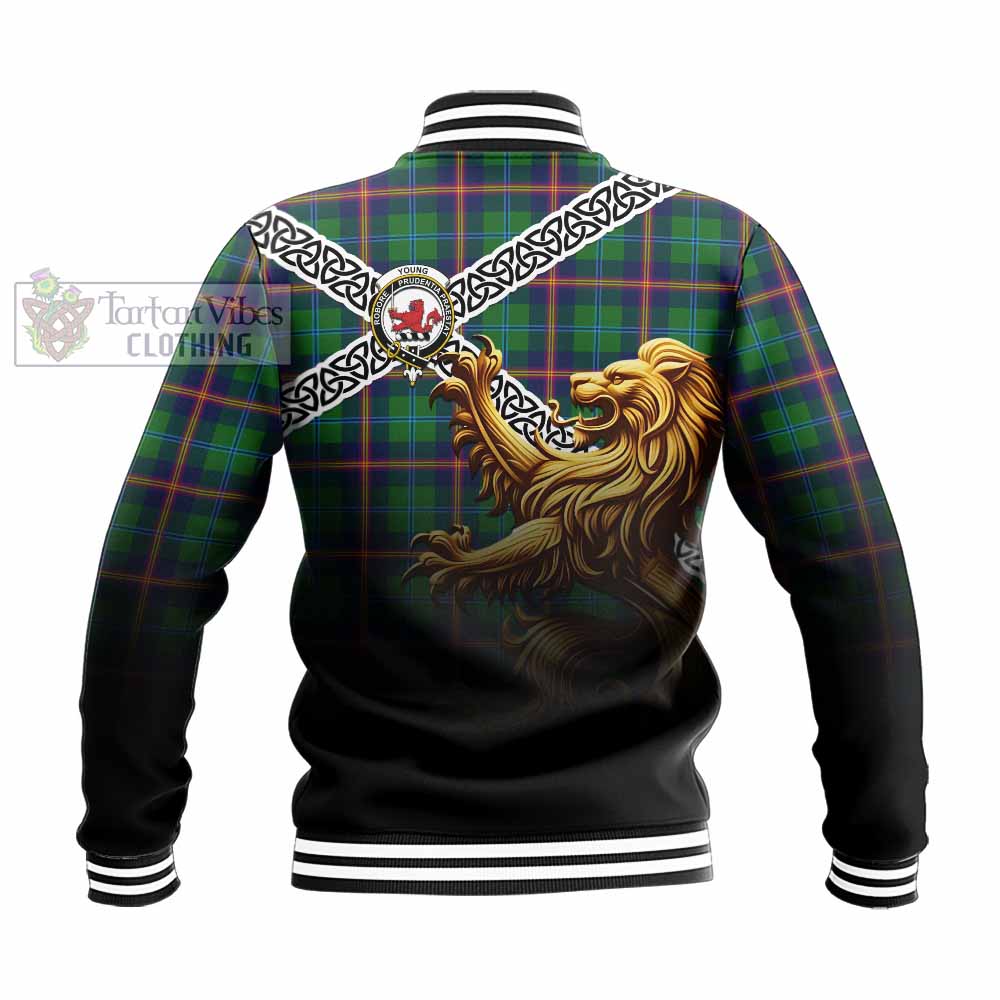 Tartan Vibes Clothing Young Crest Tartan Baseball Jacket with Golden Lion Emblem Celtic Style