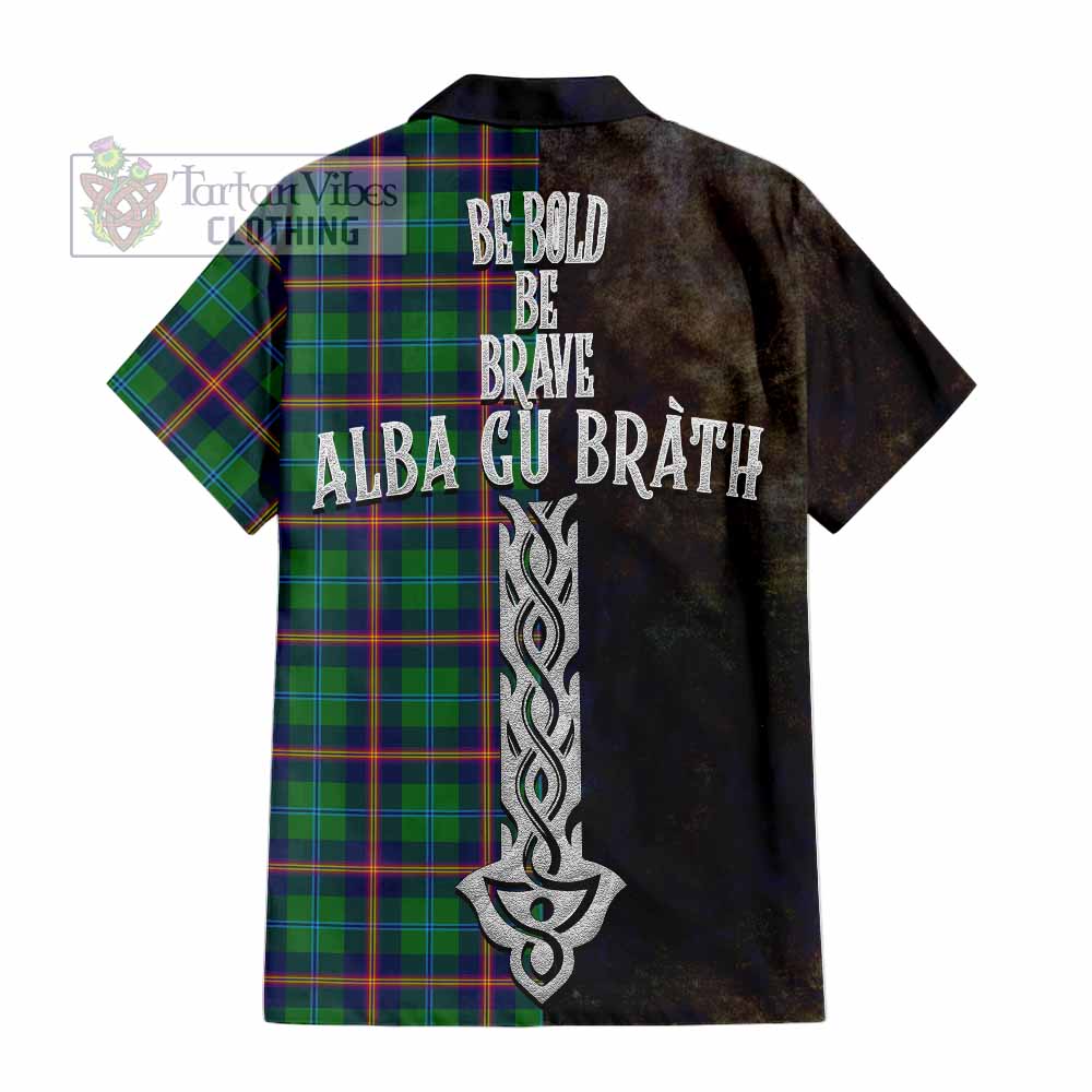 Tartan Vibes Clothing Young Tartan Family Crest Short Sleeve Button Shirt Alba Gu Brath Be Brave Lion Ancient Style