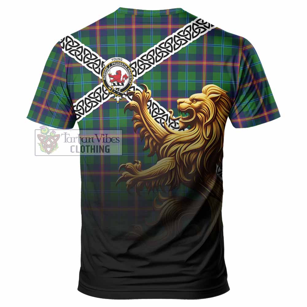 Tartan Vibes Clothing Young Crest Tartan T-Shirt with Golden Lion Emblem Celtic Style