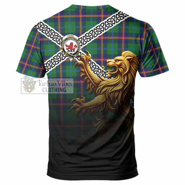 Tartan Vibes Clothing Young Crest Tartan T-Shirt with Golden Lion Emblem Celtic Style