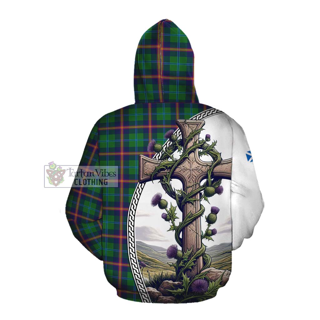 Tartan Vibes Clothing Young Tartan Cotton Hoodie with Family Crest and St. Andrew's Cross Accented by Thistle Vines