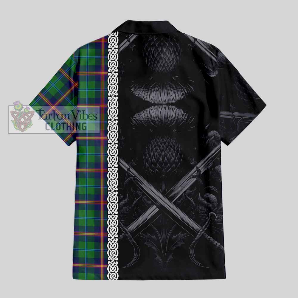 Tartan Vibes Clothing Young Tartan Short Sleeve Button Shirt with Family Crest Cross Sword Thistle Celtic Vibes