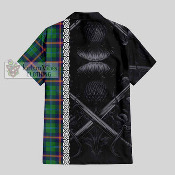 Tartan Vibes Clothing Young Tartan Short Sleeve Button Shirt with Family Crest Cross Sword Thistle Celtic Vibes