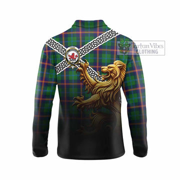 Young Crest Tartan Long Sleeve Polo Shirt with Golden Lion Emblem Celtic Style