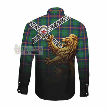 Young Crest Tartan Long Sleeve Button Shirt with Golden Lion Emblem Celtic Style