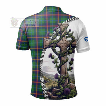 Young Tartan Polo Shirt with Family Crest and St. Andrew's Cross Accented by Thistle Vines