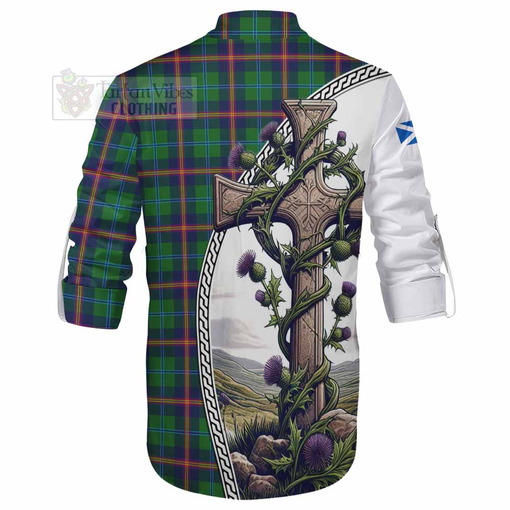Tartan Vibes Clothing Young Tartan Ghillie Kilt Shirt with Family Crest and St. Andrew's Cross Accented by Thistle Vines