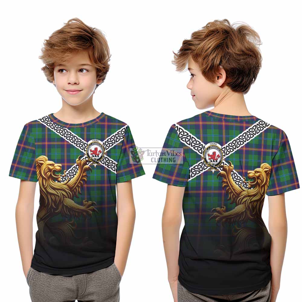 Tartan Vibes Clothing Young Crest Tartan Kid T-Shirt with Golden Lion Emblem Celtic Style