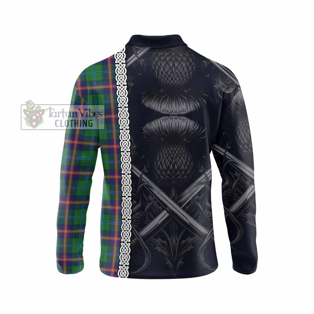 Tartan Vibes Clothing Young Tartan Long Sleeve Polo Shirt with Family Crest Cross Sword Thistle Celtic Vibes