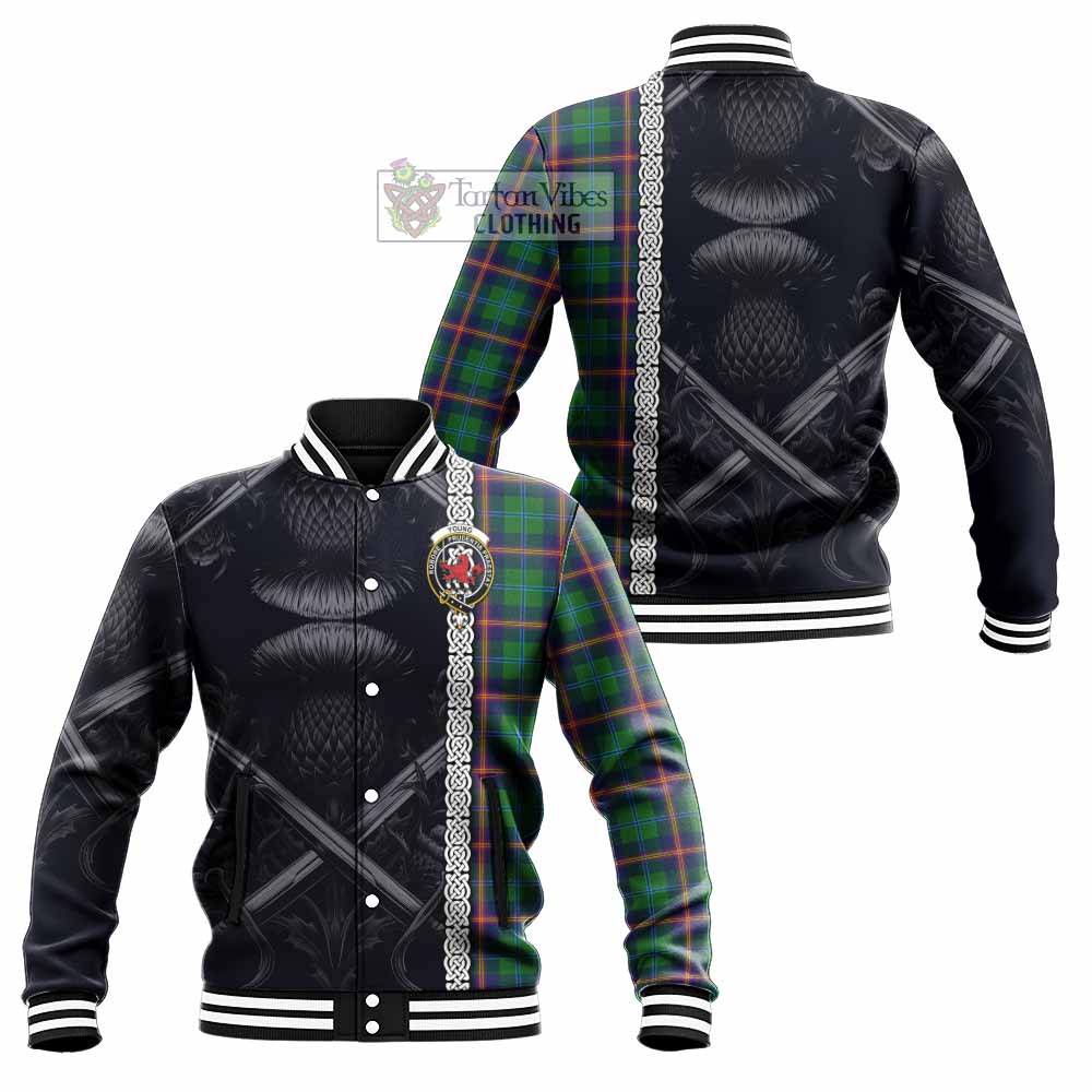 Tartan Vibes Clothing Young Tartan Baseball Jacket with Family Crest Cross Sword Thistle Celtic Vibes