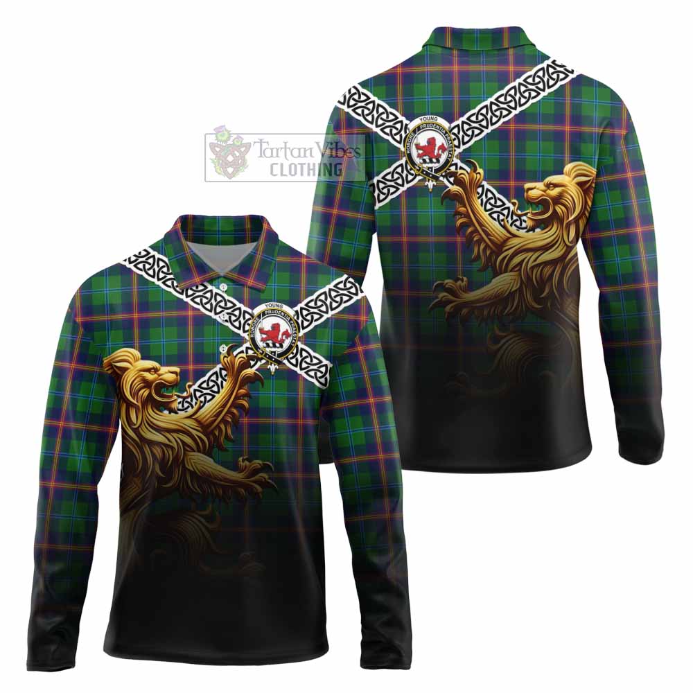 Tartan Vibes Clothing Young Crest Tartan Long Sleeve Polo Shirt with Golden Lion Emblem Celtic Style