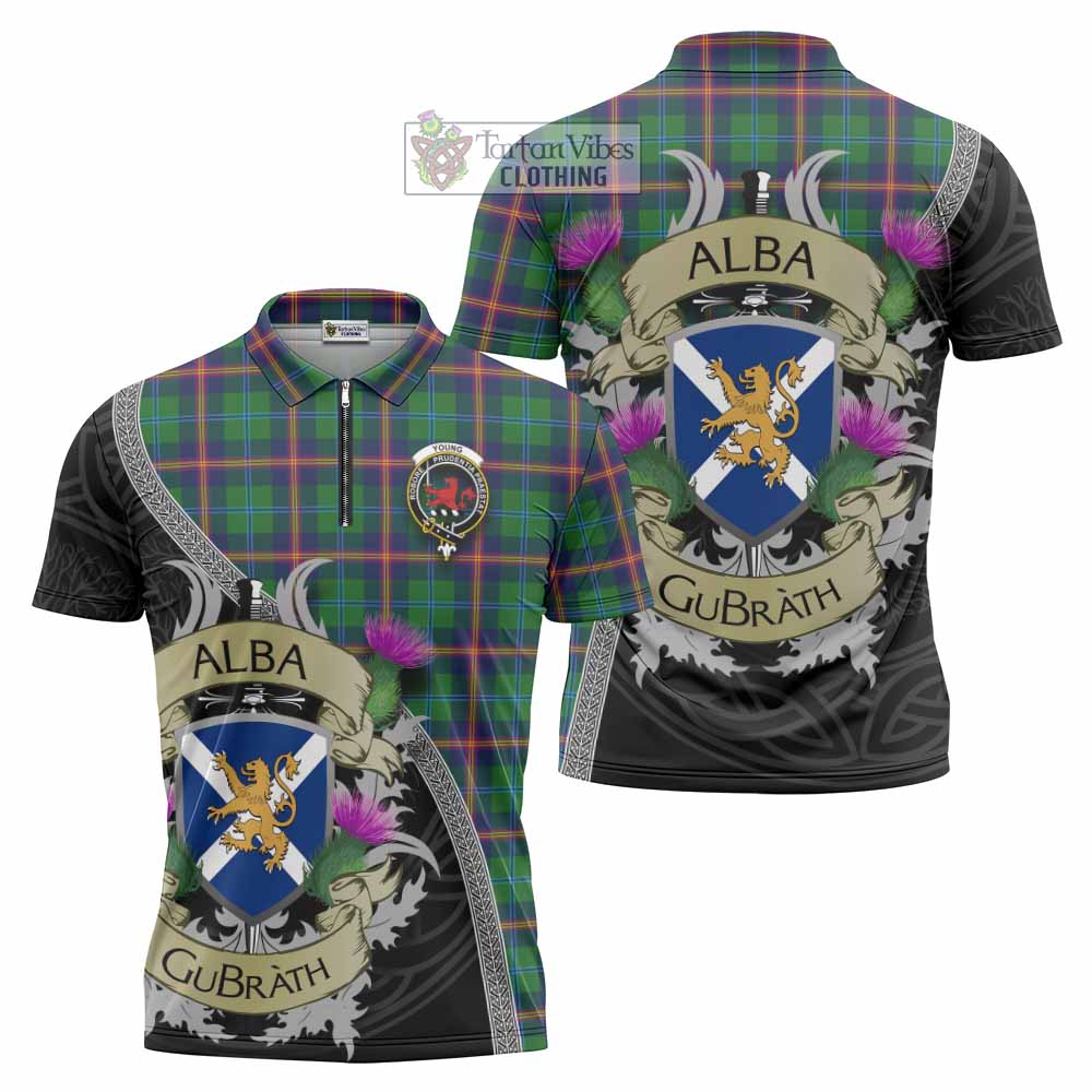 Tartan Vibes Clothing Young Tartan Family Crest Zipper Polo Shirt Lion Rampant Royal Thistle Shield Celtic Inspired