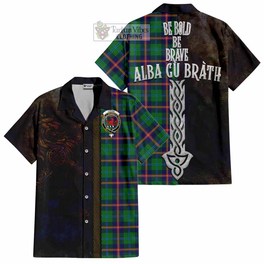 Tartan Vibes Clothing Young Tartan Family Crest Short Sleeve Button Shirt Alba Gu Brath Be Brave Lion Ancient Style