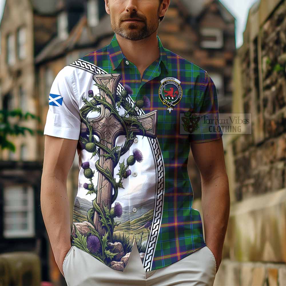 Tartan Vibes Clothing Young Tartan Short Sleeve Button Shirt with Family Crest and St. Andrew's Cross Accented by Thistle Vines