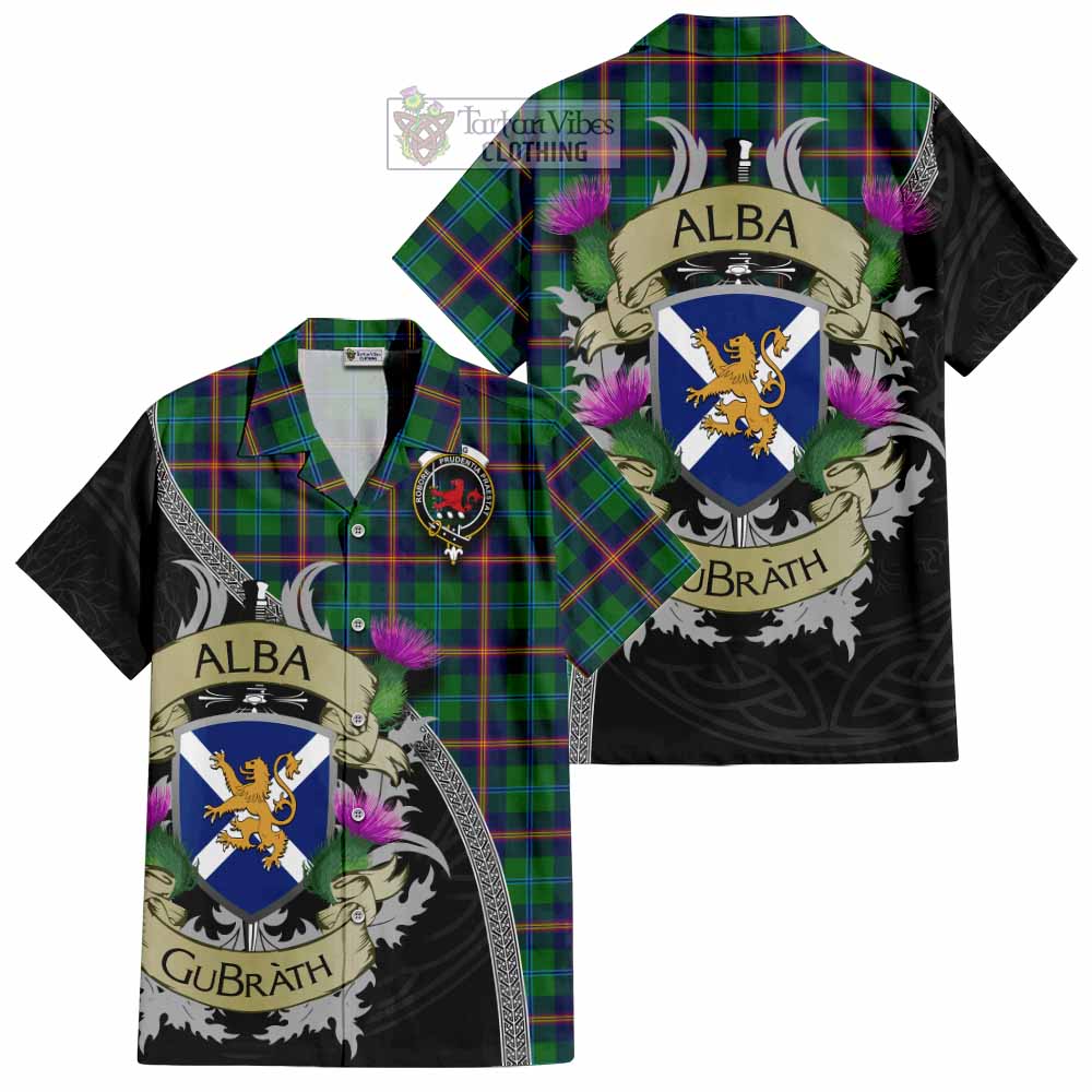 Tartan Vibes Clothing Young Tartan Family Crest Short Sleeve Button Shirt Lion Rampant Royal Thistle Shield Celtic Inspired