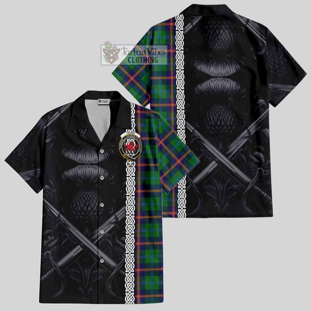 Tartan Vibes Clothing Young Tartan Short Sleeve Button Shirt with Family Crest Cross Sword Thistle Celtic Vibes