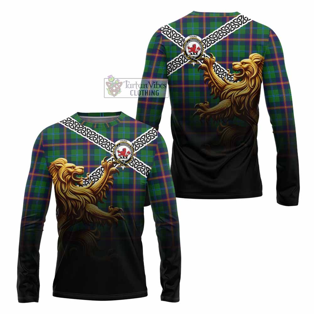 Tartan Vibes Clothing Young Crest Tartan Long Sleeve T-Shirt with Golden Lion Emblem Celtic Style