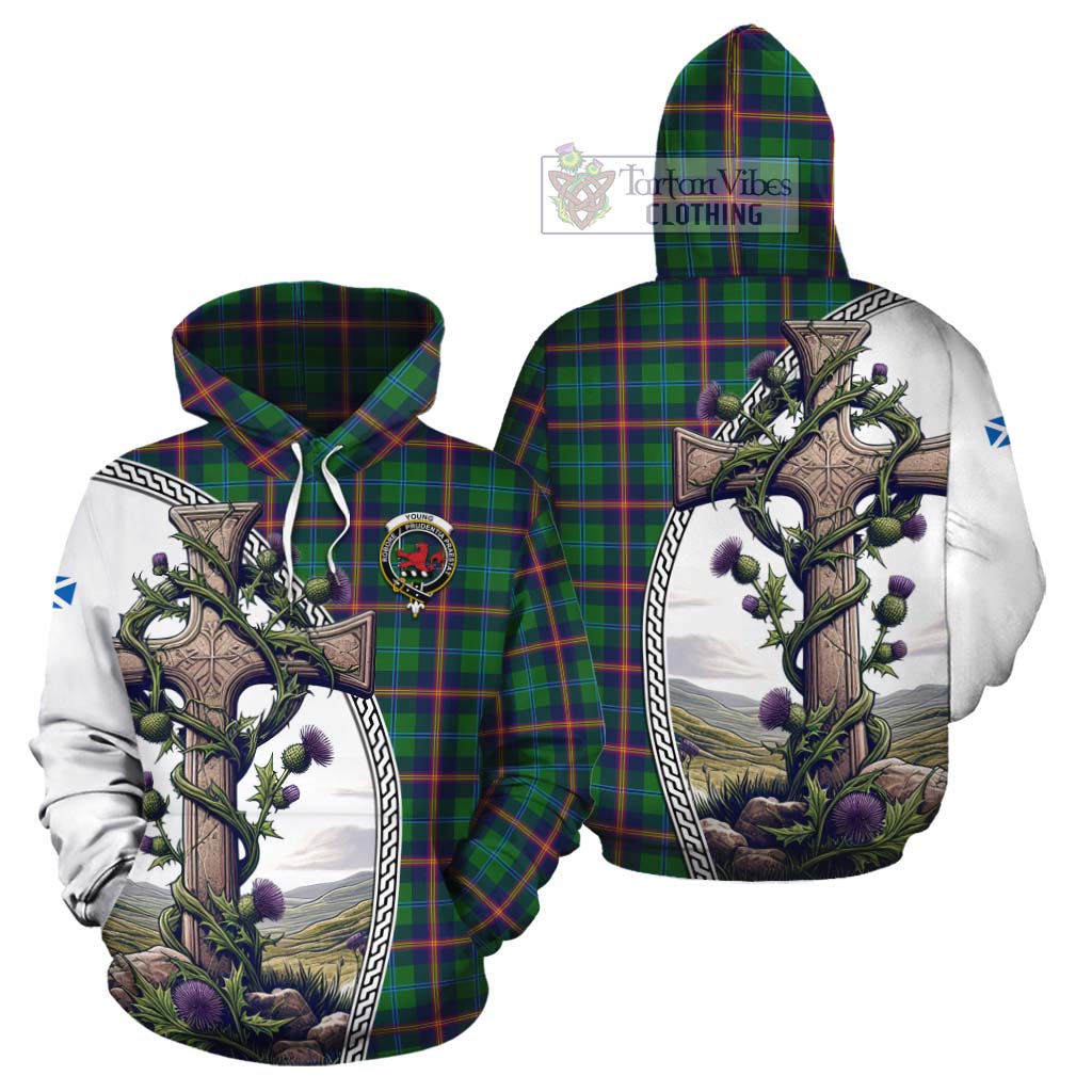 Tartan Vibes Clothing Young Tartan Cotton Hoodie with Family Crest and St. Andrew's Cross Accented by Thistle Vines