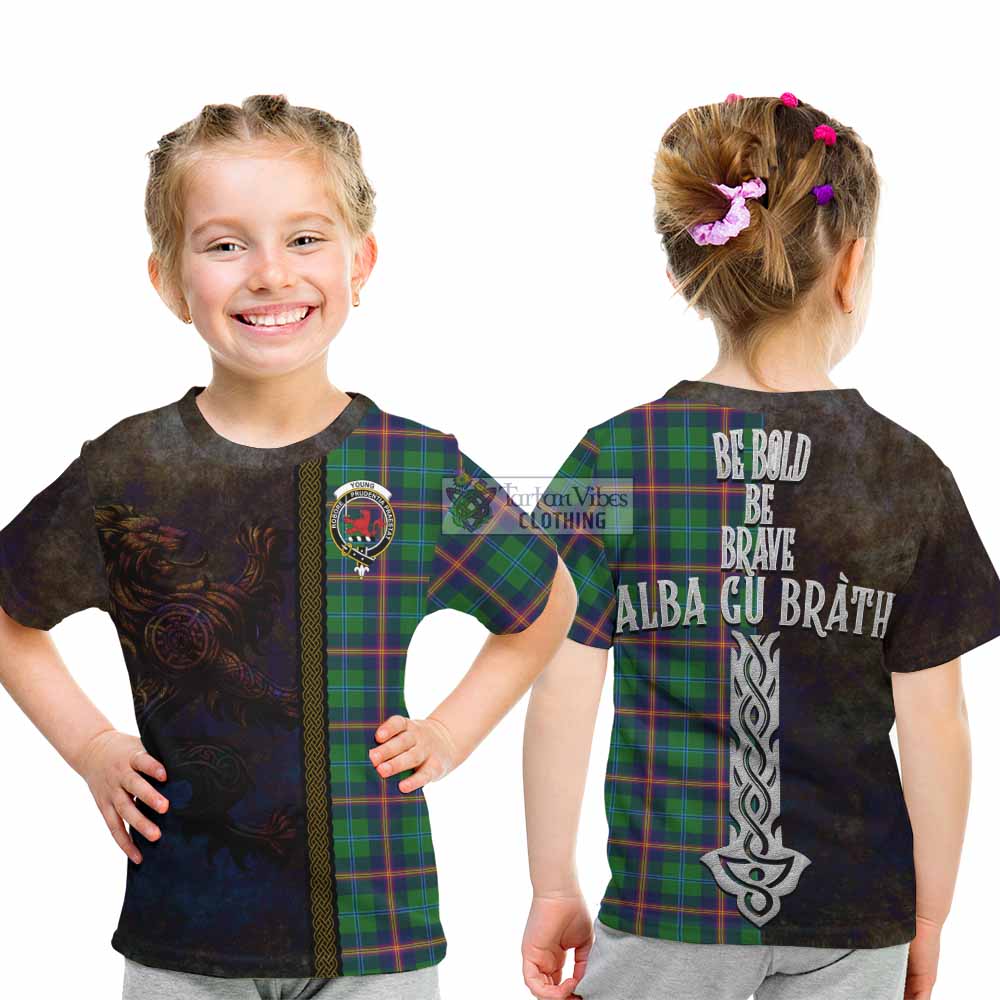 Tartan Vibes Clothing Young Tartan Family Crest Kid T-Shirt Alba Gu Brath Be Brave Lion Ancient Style