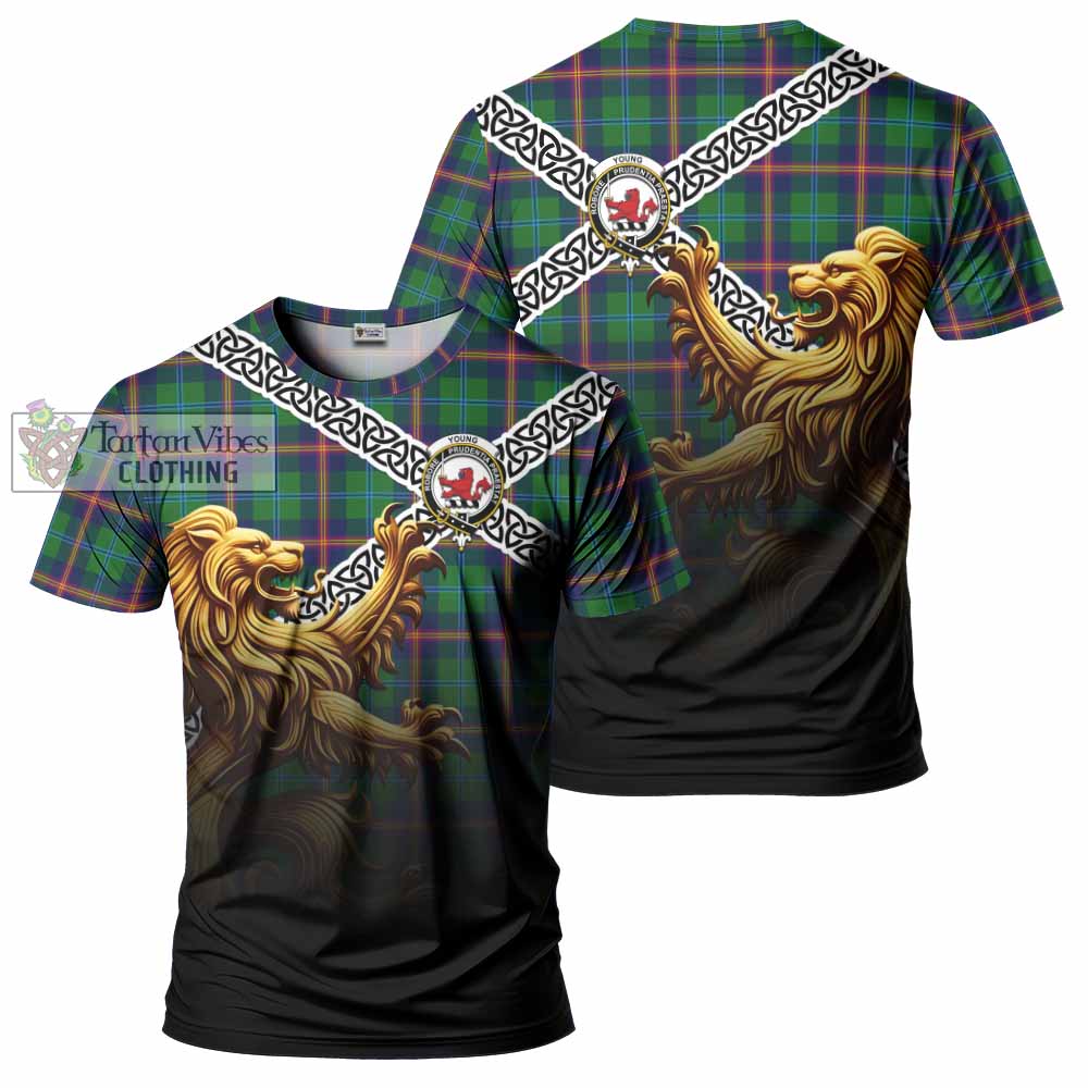 Tartan Vibes Clothing Young Crest Tartan T-Shirt with Golden Lion Emblem Celtic Style