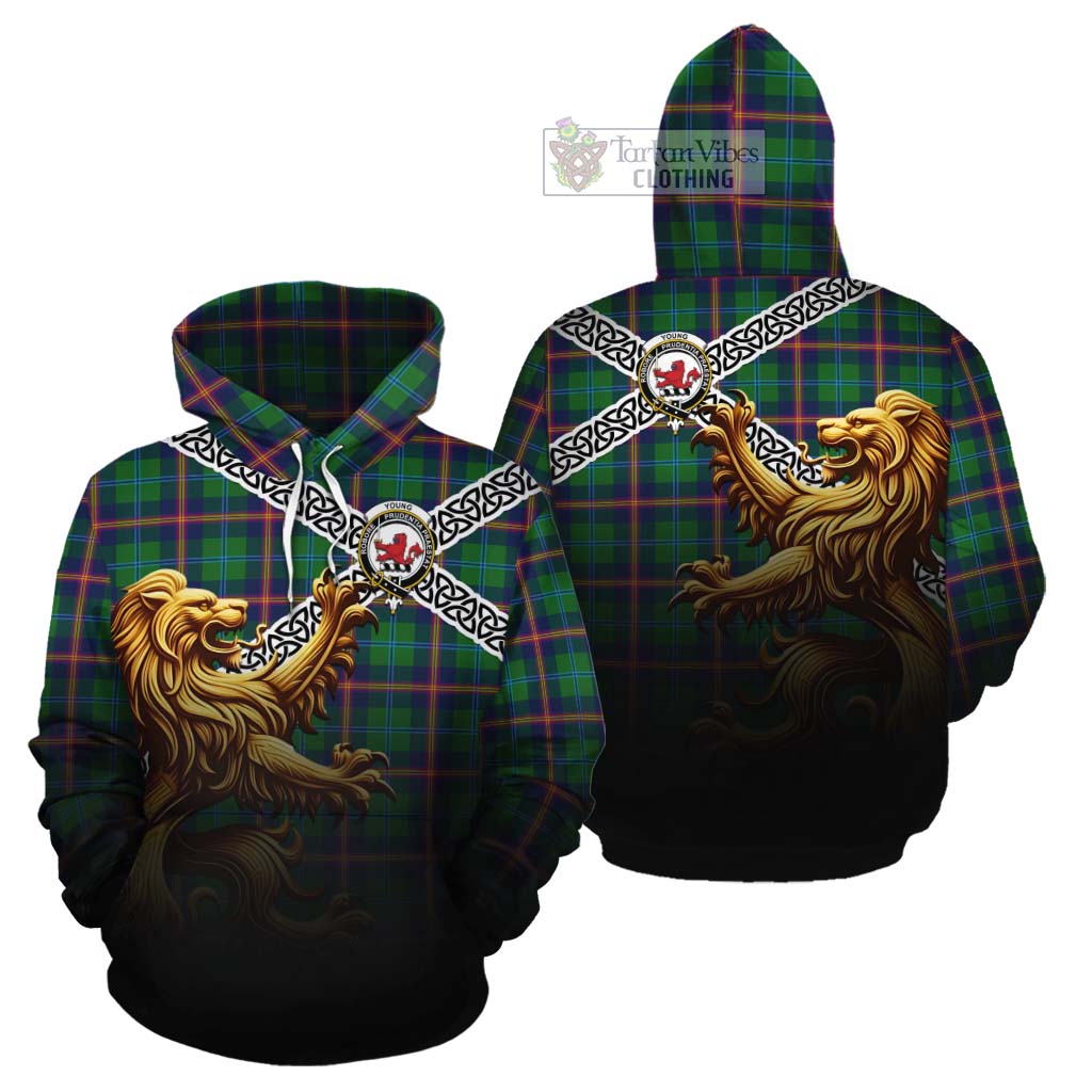 Tartan Vibes Clothing Young Crest Tartan Cotton Hoodie with Golden Lion Emblem Celtic Style