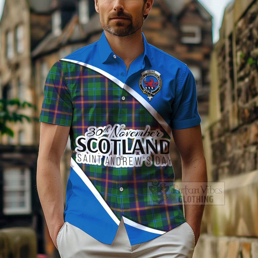 Tartan Vibes Clothing Young Family Crest Tartan Short Sleeve Button Shirt Celebrate Saint Andrew's Day in Style
