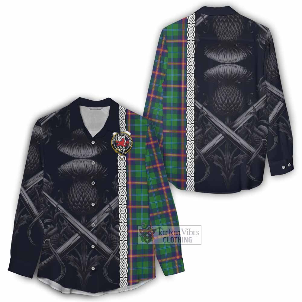 Tartan Vibes Clothing Young Tartan Women's Casual Shirt with Family Crest Cross Sword Thistle Celtic Vibes