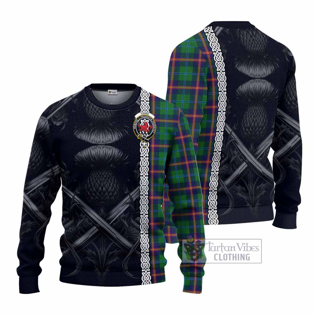 Tartan Vibes Clothing Young Tartan Knitted Sweater with Family Crest Cross Sword Thistle Celtic Vibes