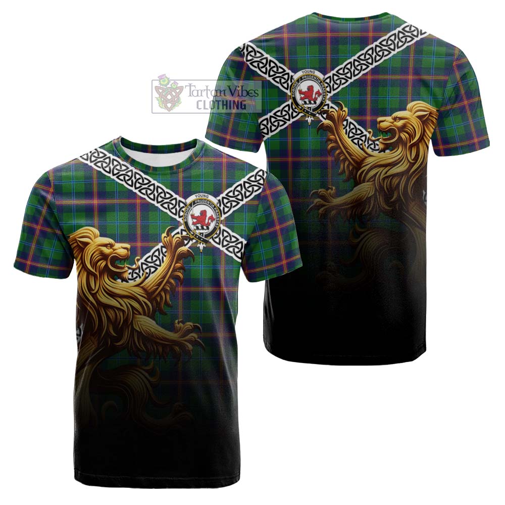 Tartan Vibes Clothing Young Crest Tartan Cotton T-shirt with Golden Lion Emblem Celtic Style