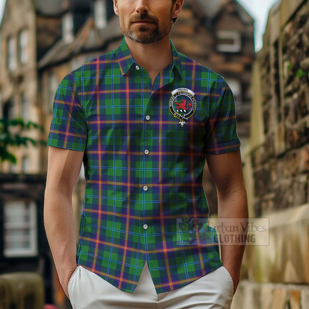 Tartan Vibes Clothing Young Tartan Short Sleeve Button Shirt with Family Crest and Bearded Skull Holding Bottles of Whiskey