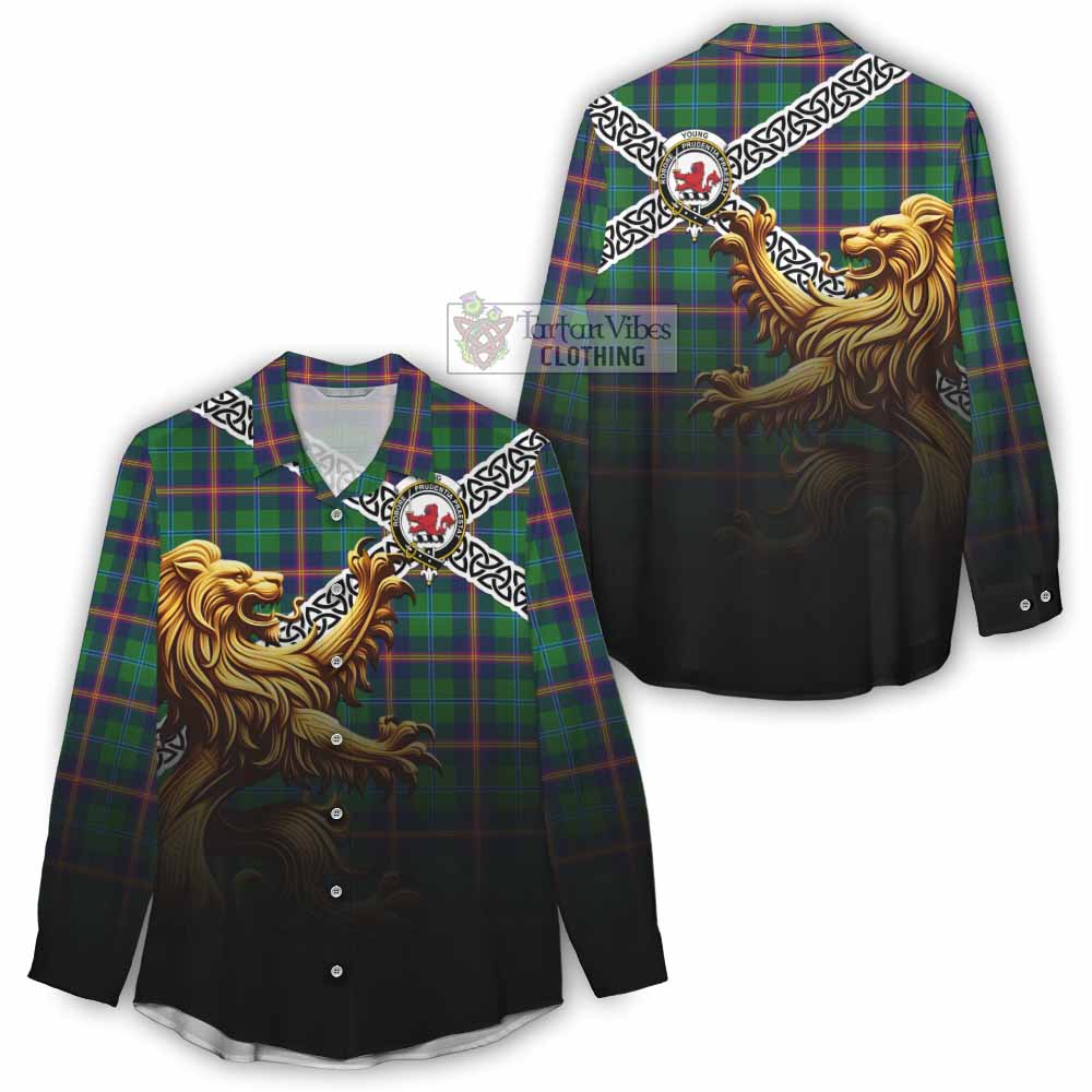 Tartan Vibes Clothing Young Crest Tartan Women's Casual Shirt with Golden Lion Emblem Celtic Style