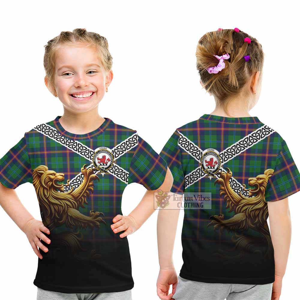 Tartan Vibes Clothing Young Crest Tartan Kid T-Shirt with Golden Lion Emblem Celtic Style
