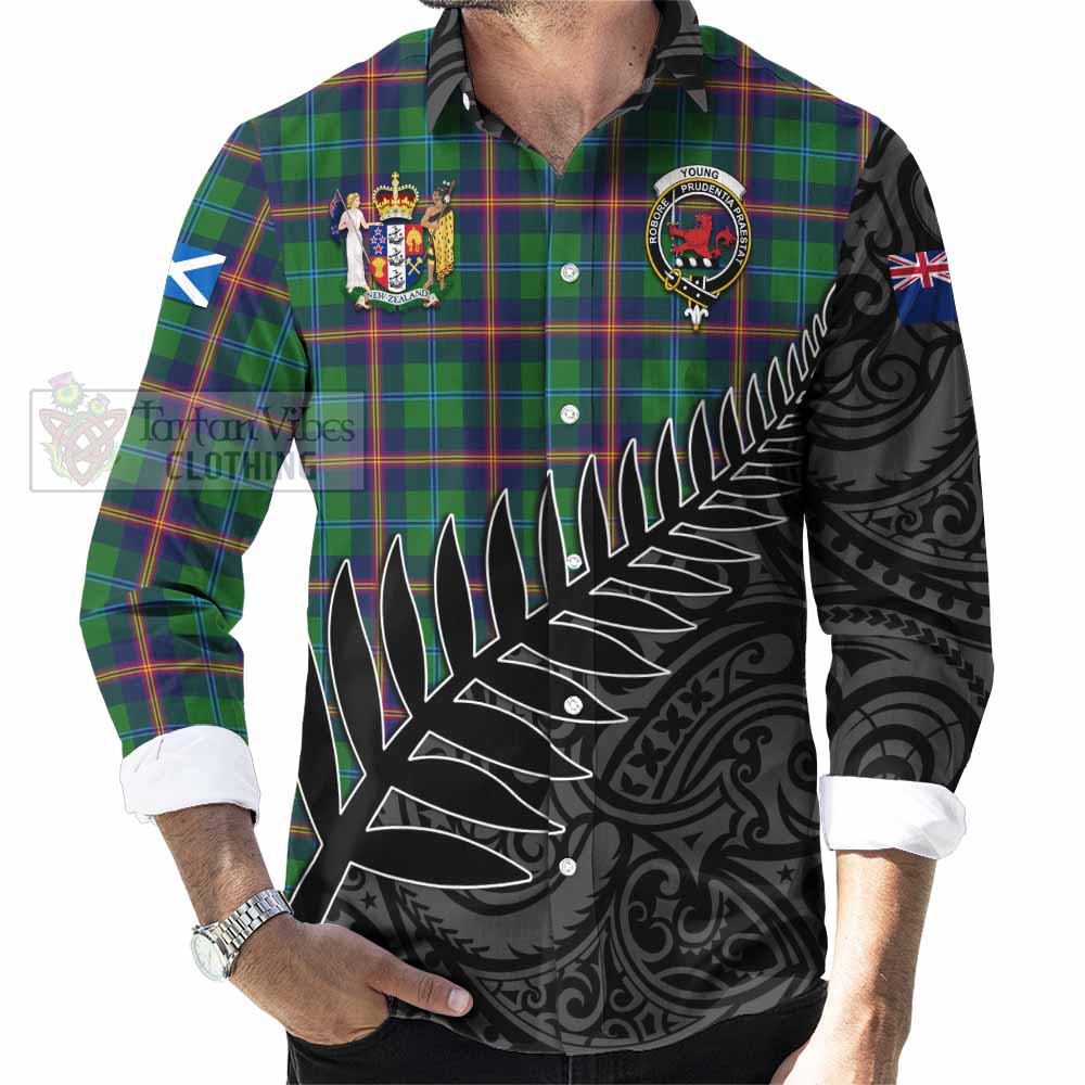 Tartan Vibes Clothing Young Crest Tartan Long Sleeve Button Shirt with New Zealand Silver Fern Half Style