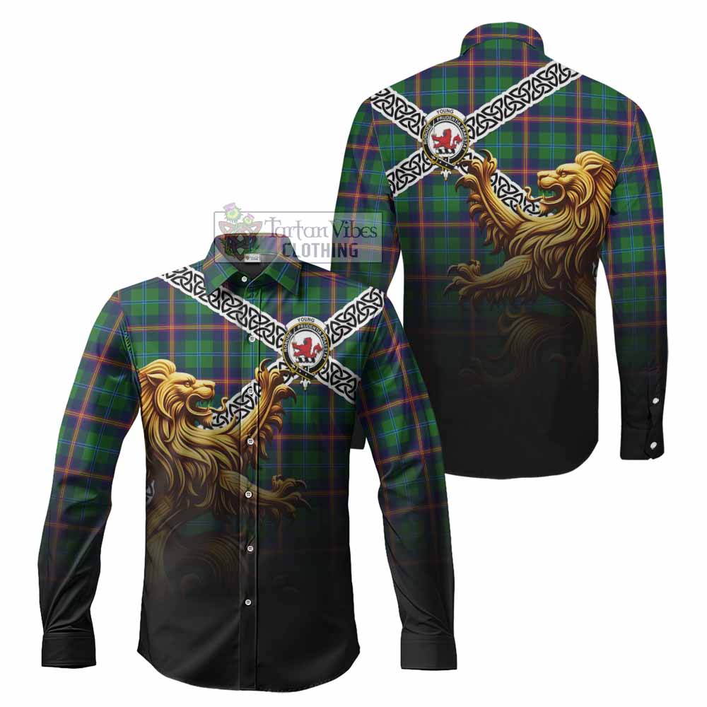 Tartan Vibes Clothing Young Crest Tartan Long Sleeve Button Shirt with Golden Lion Emblem Celtic Style