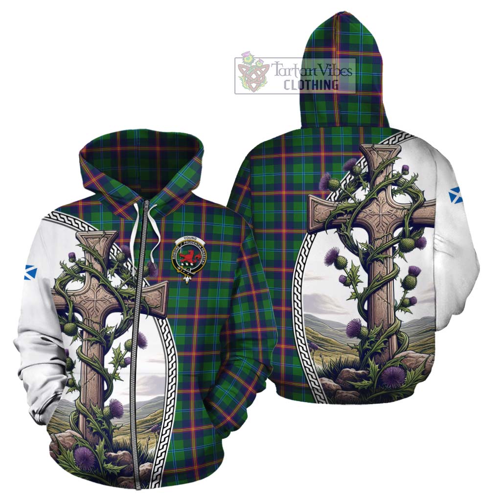 Tartan Vibes Clothing Young Tartan Cotton Hoodie with Family Crest and St. Andrew's Cross Accented by Thistle Vines