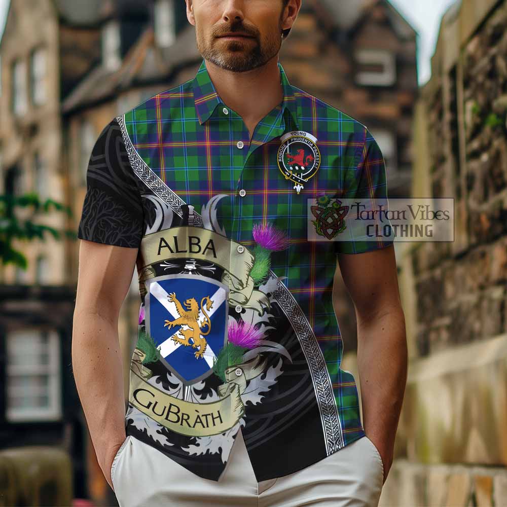 Tartan Vibes Clothing Young Tartan Family Crest Short Sleeve Button Shirt Lion Rampant Royal Thistle Shield Celtic Inspired