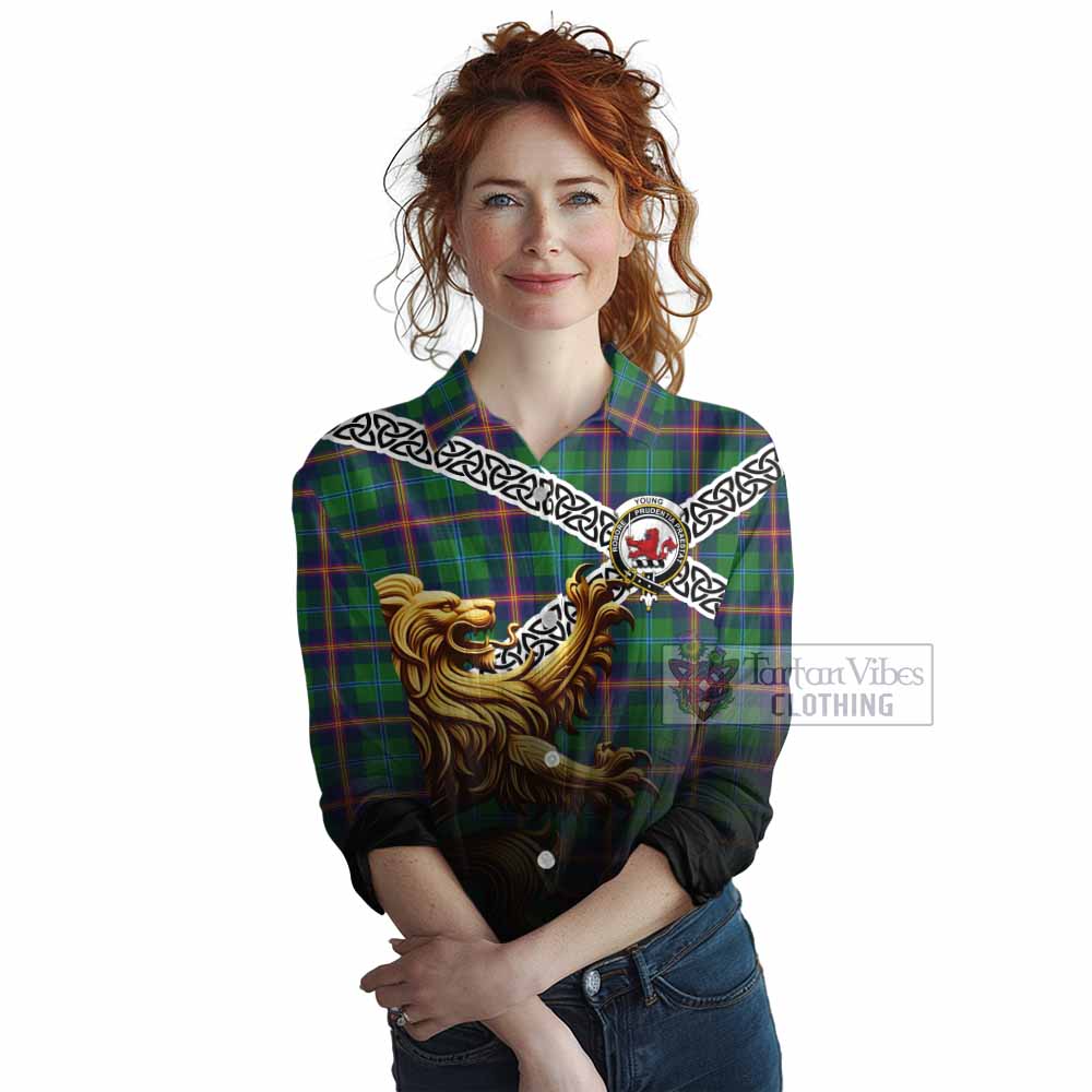 Tartan Vibes Clothing Young Crest Tartan Women's Casual Shirt with Golden Lion Emblem Celtic Style
