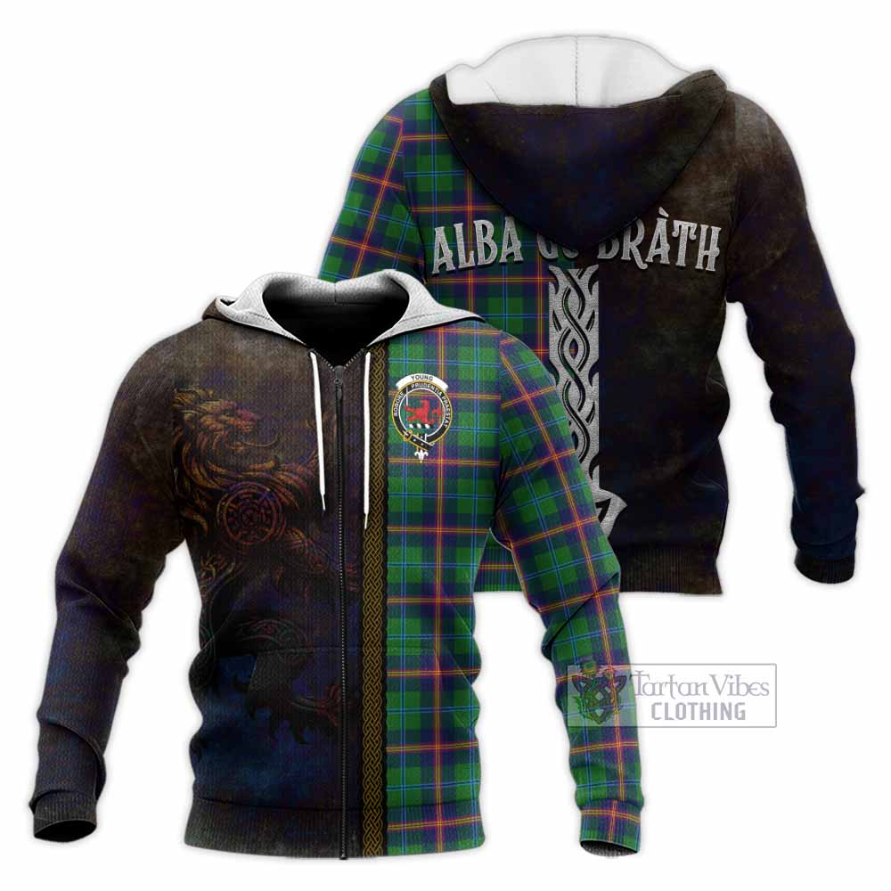 Tartan Vibes Clothing Young Tartan Family Crest Knitted Hoodie Alba Gu Brath Be Brave Lion Ancient Style