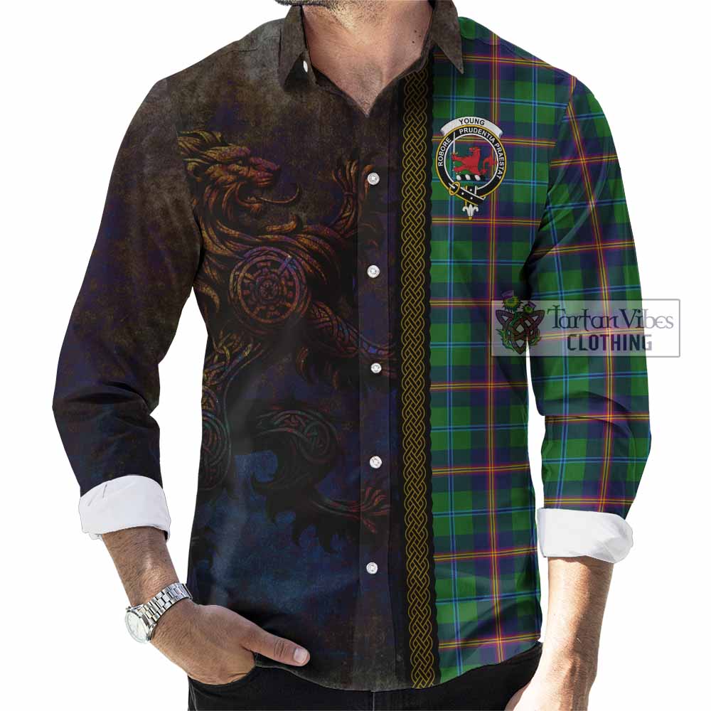 Tartan Vibes Clothing Young Tartan Family Crest Long Sleeve Button Shirt Alba Gu Brath Be Brave Lion Ancient Style
