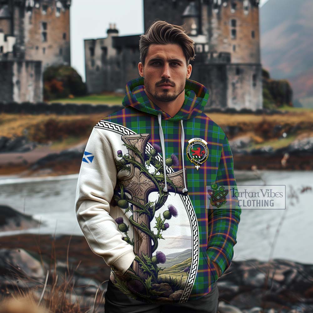 Tartan Vibes Clothing Young Tartan Cotton Hoodie with Family Crest and St. Andrew's Cross Accented by Thistle Vines