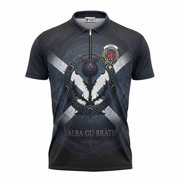 Young Clan Crest Zipper Polo Shirt with Celtic Knot Thistle and Saltire