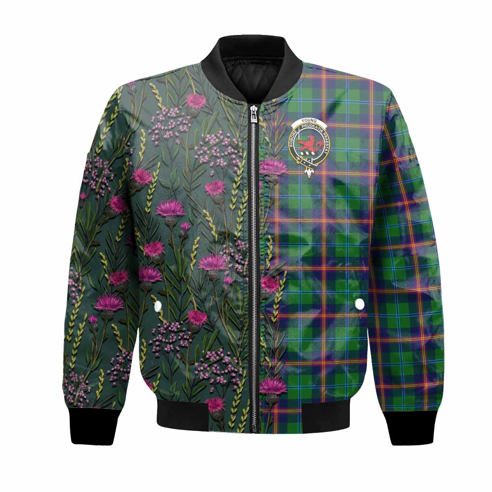 Young Family Crest Tartan Bomber Jacket Scottish Thistle Flower Pattern Half Style - Tartan Vibes Clothing